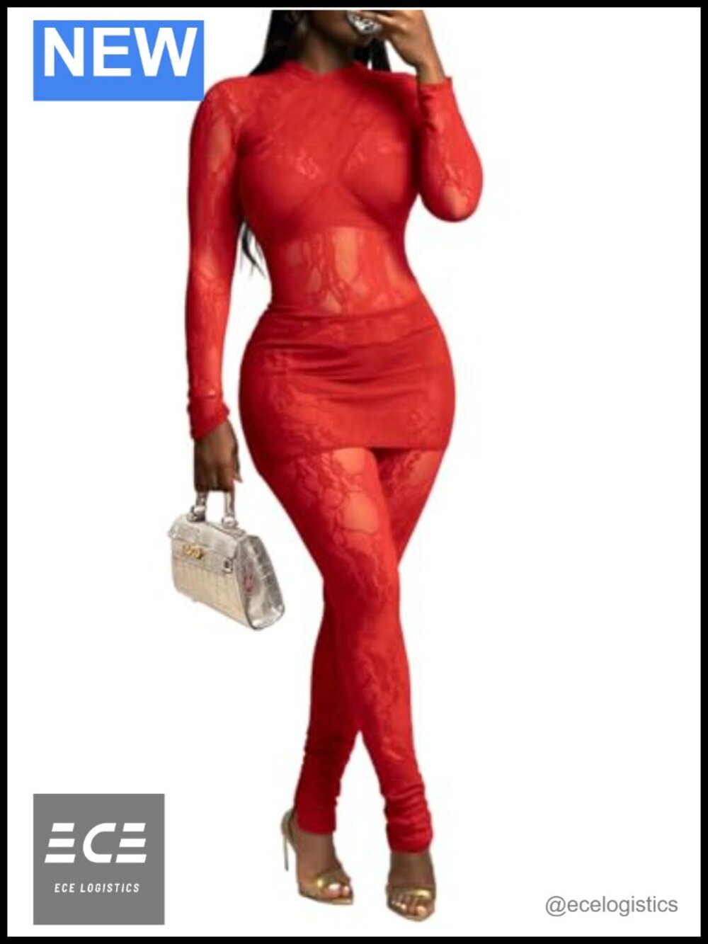 Floral Lace Sheer Mesh Long Sleeve Top Bodycon Pants Two Piece Set Clubwear
